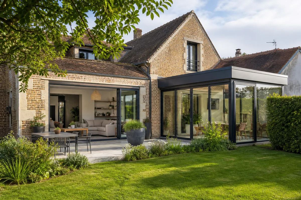 Grande baie vitrée en aluminium ouverte sur un jardin verdoyant, la lumière traversant un séjour clair