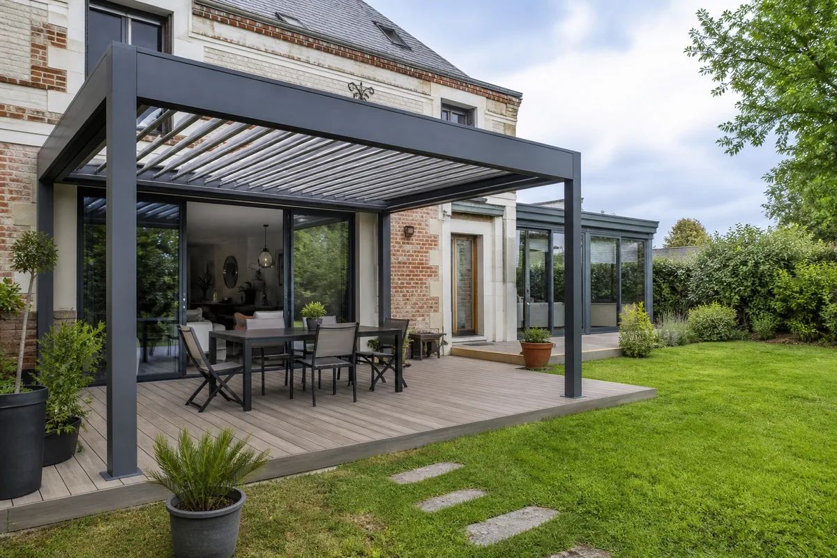 Pergola bioclimatique en aluminium adossée à la façade d&rsquo;une maison
