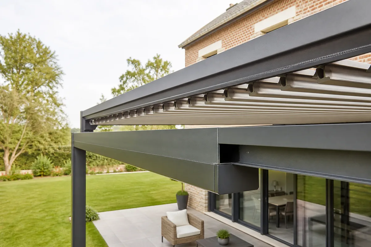 Détail des lames orientables et de la gouttière intégrée d&rsquo;une pergola aluminium
