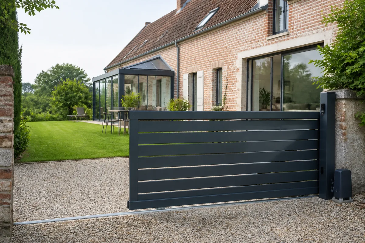 Portail coulissant en aluminium à lames horizontales devant une allée gravillonnée