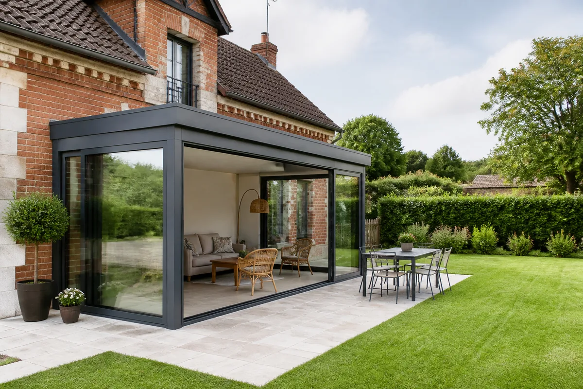 Véranda contemporaine en aluminium à toiture plate ouverte sur un jardin