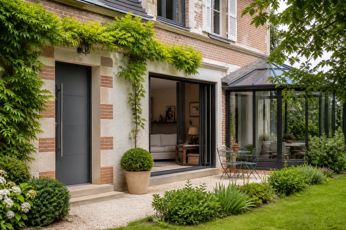 Porte d&rsquo;entrée en aluminium à panneau monobloc dans une façade contemporaine