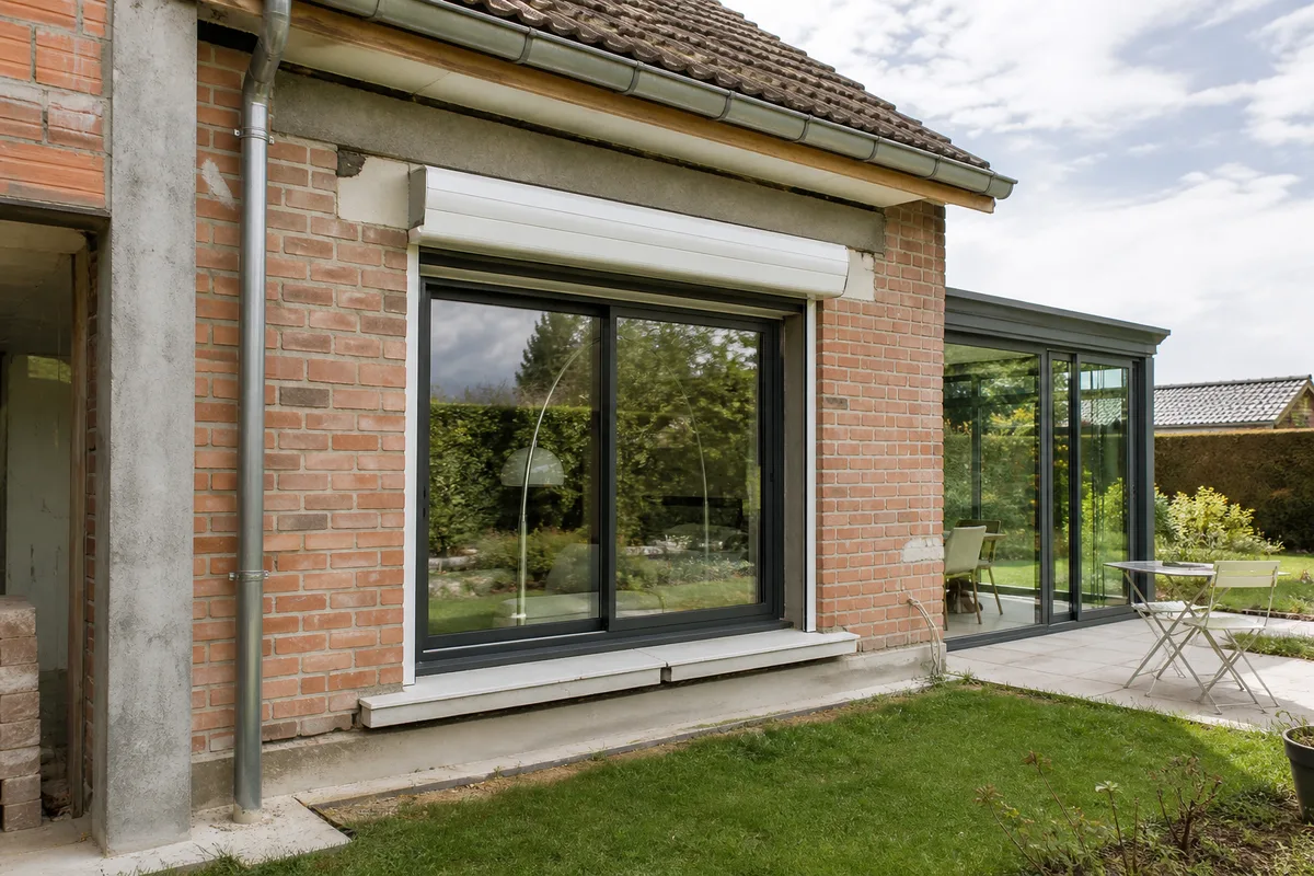 Coffre de volet roulant en rénovation posé au-dessus d&rsquo;une fenêtre aluminium